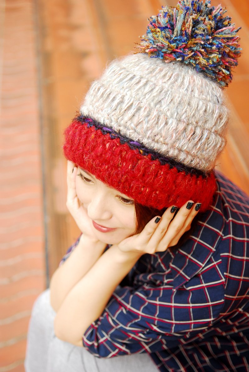 MR.STORE 手工毛线帽子 灰白色翻红边球球菠萝头帽子 - 帽子 - 其他材质 灰色