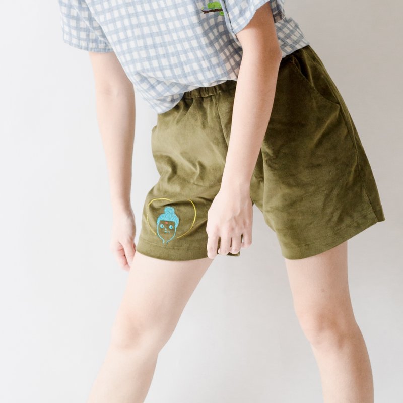 可怜虫折扣品 - 【低头三尺有神明】 -  户外短裤  -  森林绿色 - 女装短裤 - 棉．麻 绿色