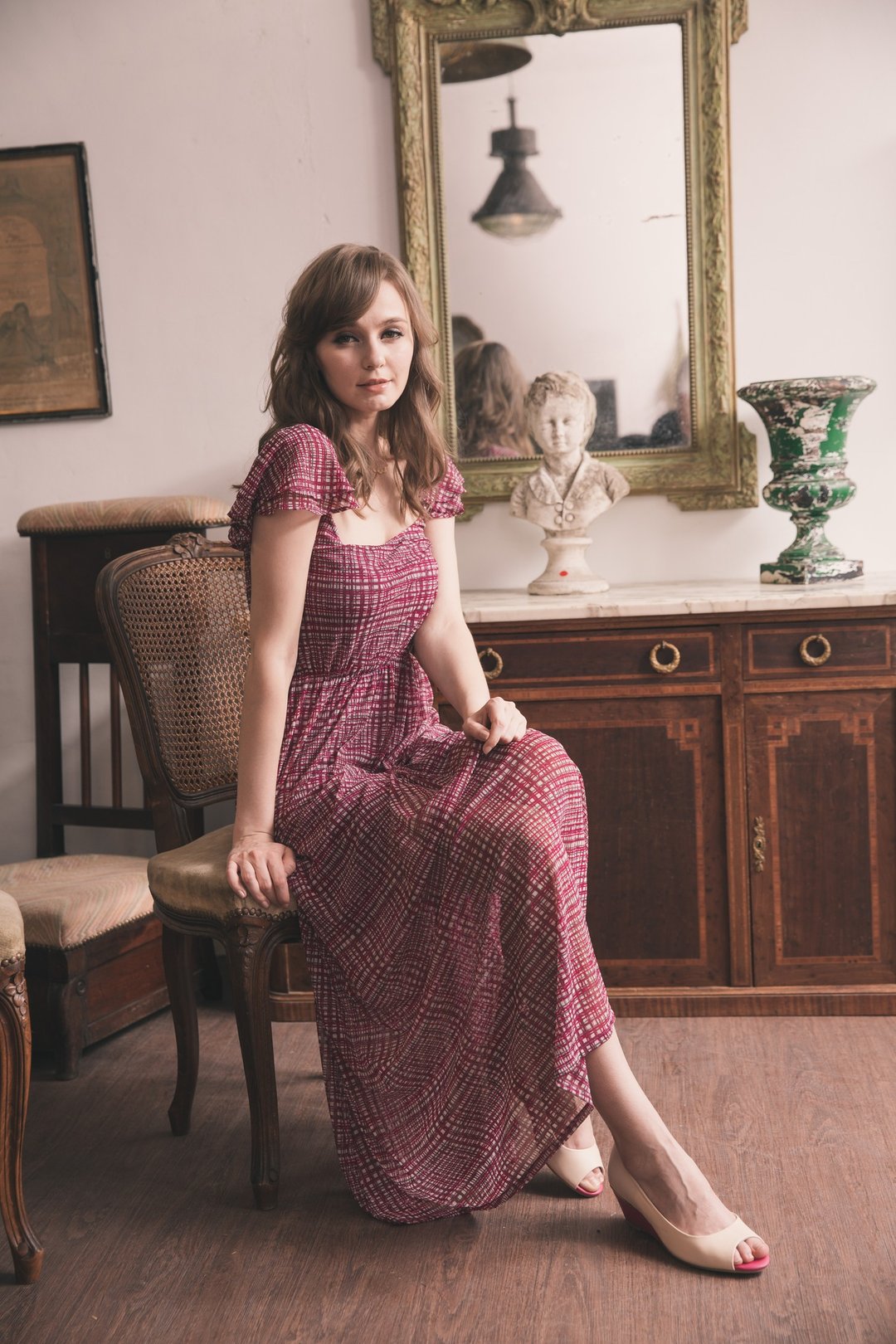 Kan's  双层蝴蝶袖弹性透气长洋装 (紫格纹) - 洋装/连衣裙 - 聚酯纤维 紫色