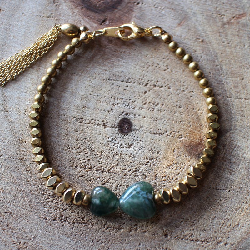 Muse自然风系列NO.67绿色心形玉心心相映黄铜手链 - 手链/手环 - 其他材质 绿色