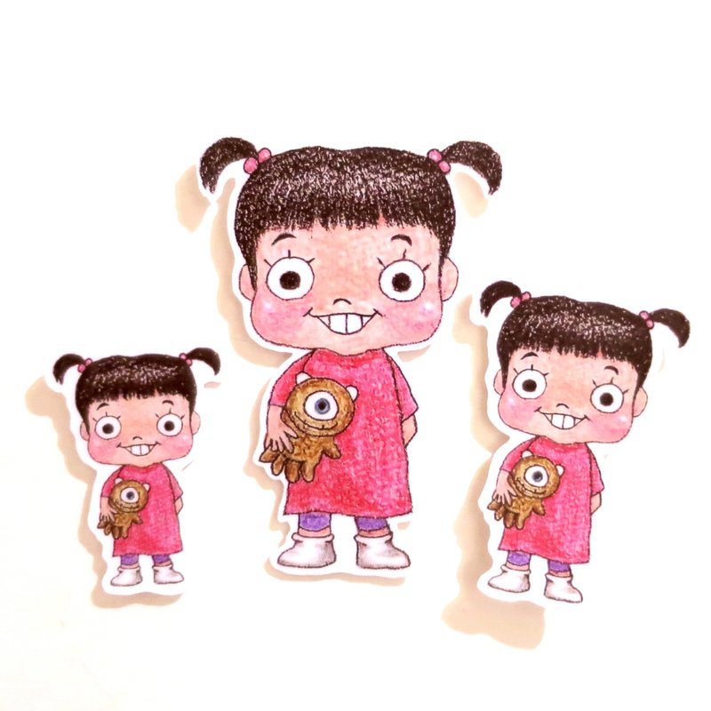 色铅笔手绘傻呼呼公仔娃娃防水贴纸--傻呼呼怪兽电力公司小女孩阿布3入(编号35) - 贴纸 - 纸 粉红色