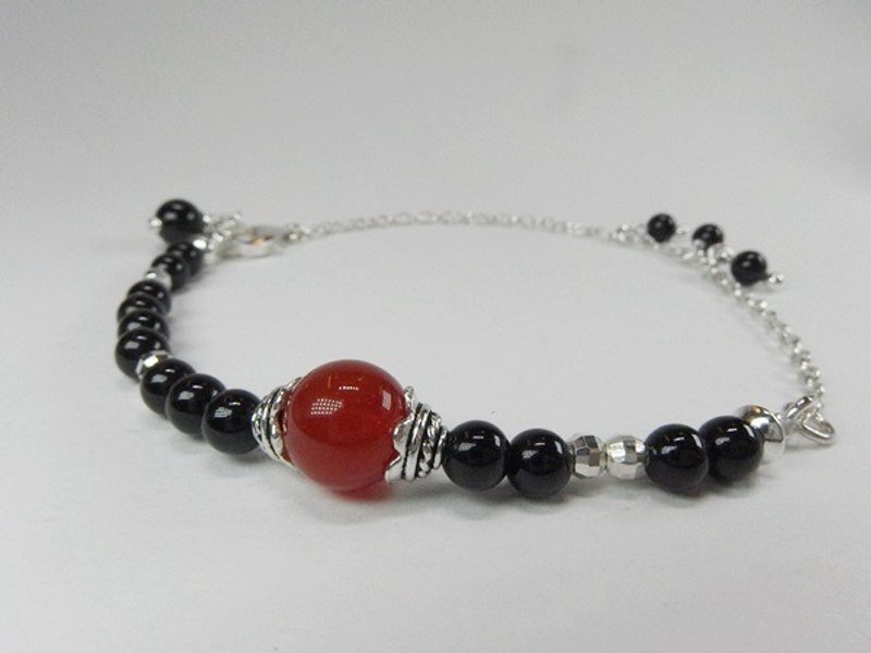 动力 - 天然黑碧玺+红玛瑙925纯银脚链。香港原创设计 - 脚链/脚环 - 宝石 