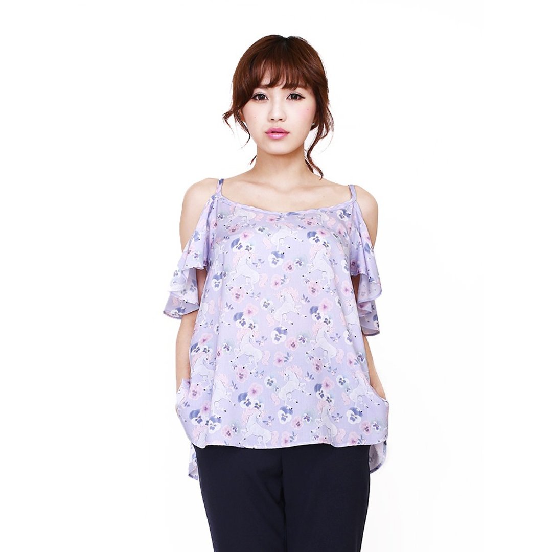 OOPSY - Unicorn Print Cold Shoulder Top/ 独角兽印花露肩上衣 淡紫色 - 女装上衣 - 其他材质 紫色