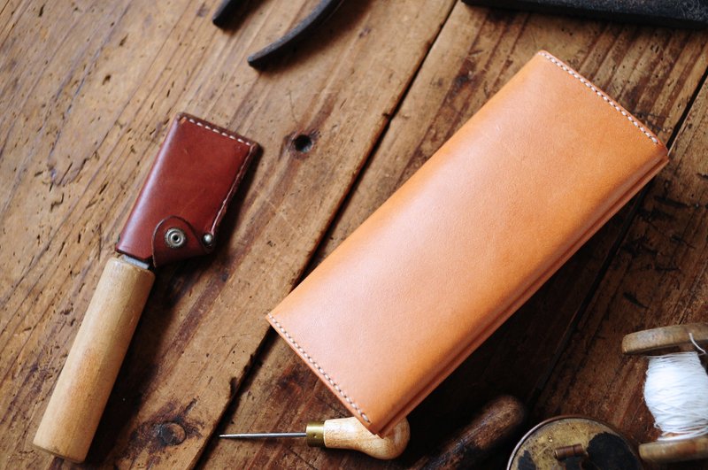 手缝皮革简约长银包(两折) 长夹 皮夹 - 证件套/卡套 - 真皮 橘色