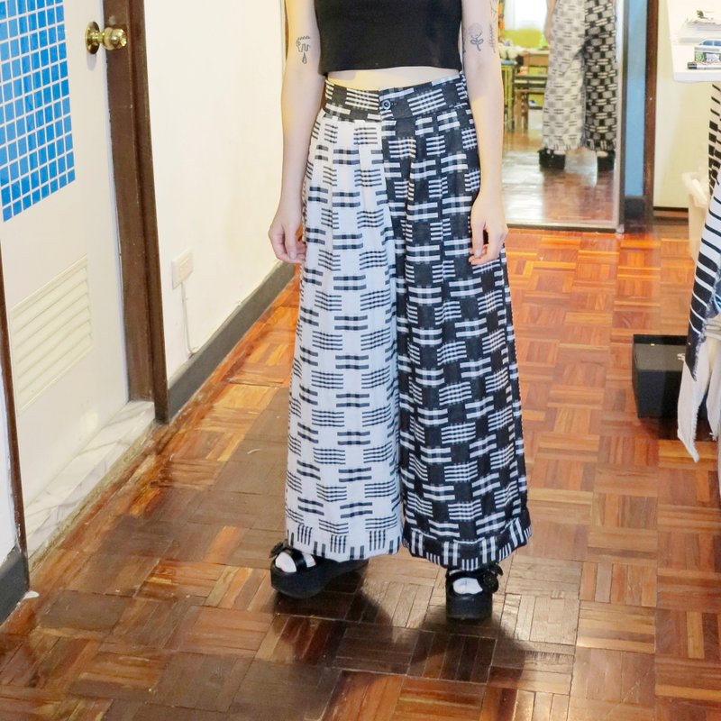 黑白格双拼高腰打摺宽裤 - 女装长裤 - 其他材质 黑色