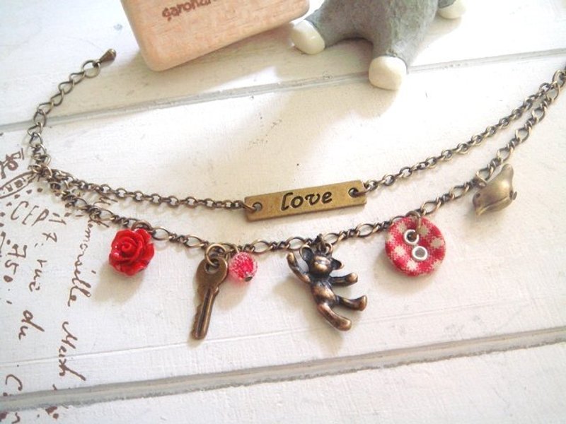 Garohands 古铜小熊钥匙鸟儿玫瑰小波扣手感双层手链 /日系 / 杂货 / 手作 饰品 / 疗愈系 - 手链/手环 - 其他材质 