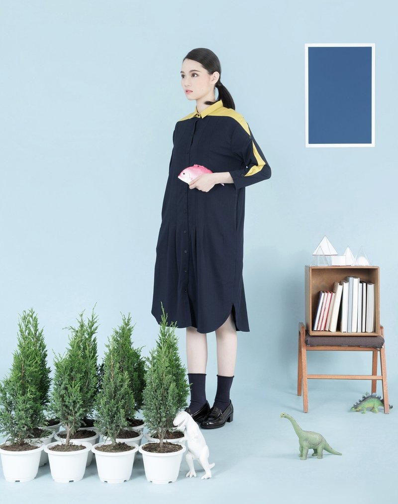 tan-tan / 拼接衬衫洋装 - 洋装/连衣裙 - 其他材质 蓝色