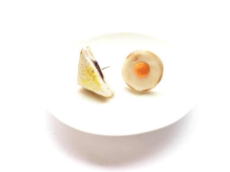 吐司煎蛋小耳环 - 耳环/耳夹 - 粘土 橘色