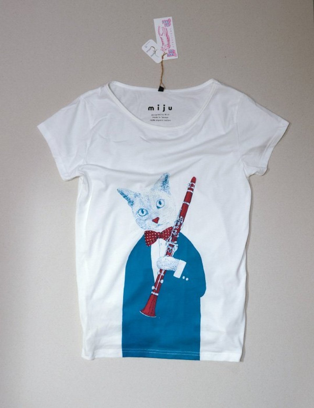 猫咪单簧管T-shirt（蓝绿＋桃红） - 女装 T 恤 - 棉 蓝色