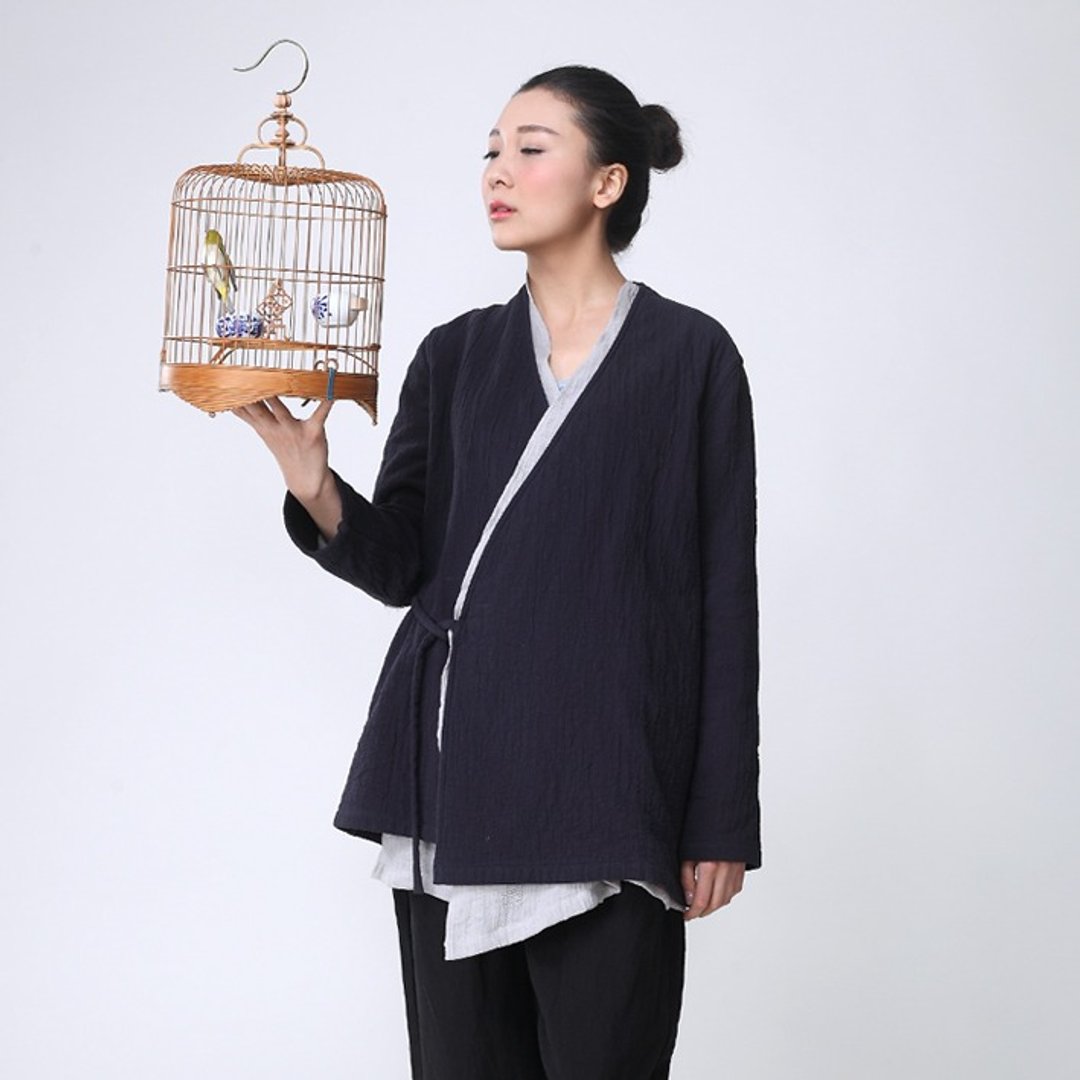 棉麻禅意中性開衫 手肘拼藍印花布  深藍  O141203 - 女装休闲/机能外套 - 棉 蓝色