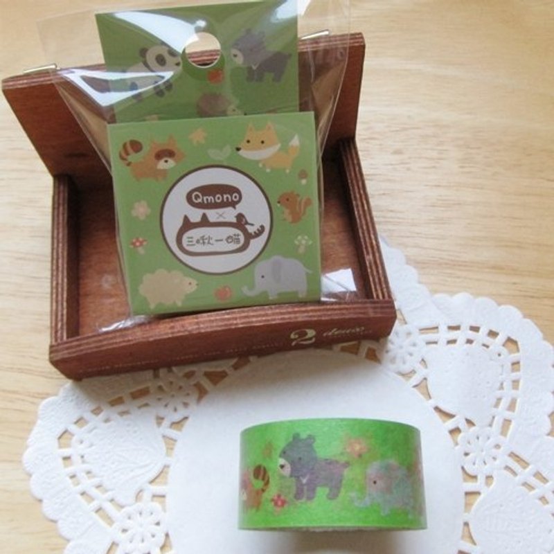 Qmono x 三啾一喵 和纸胶带(QMT-A06 Animals) - 纸胶带 - 纸 绿色