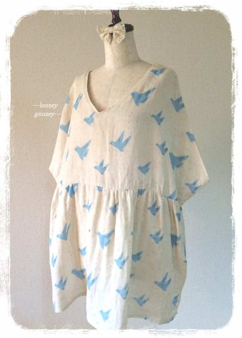 Birds drifting in the sky. Double gauze tunic dress: Ivory - 洋装/连衣裙 - 棉．麻 