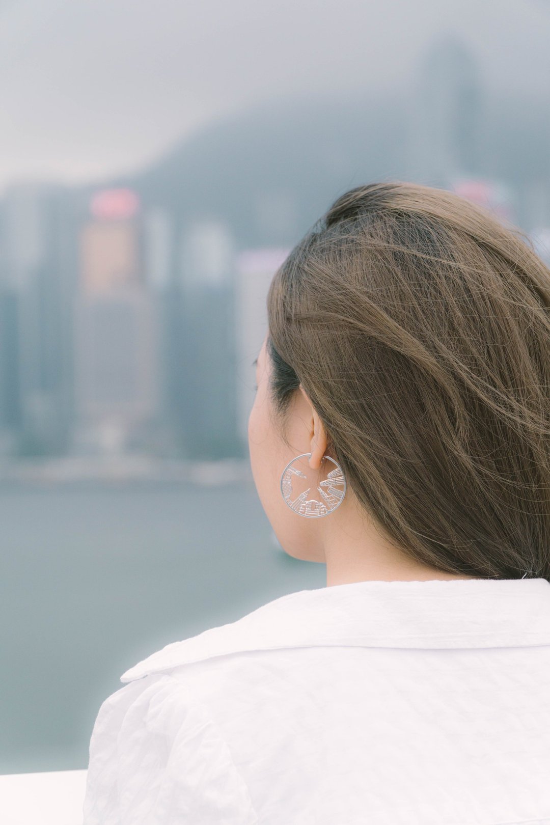 HK064~ 925银香港维多利亚海港风景耳环 (43mm) - 颈链 - 银 银色