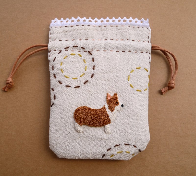 柯基手感束口袋 - 编织/刺绣/羊毛毡/裁缝 - 棉．麻 咖啡色