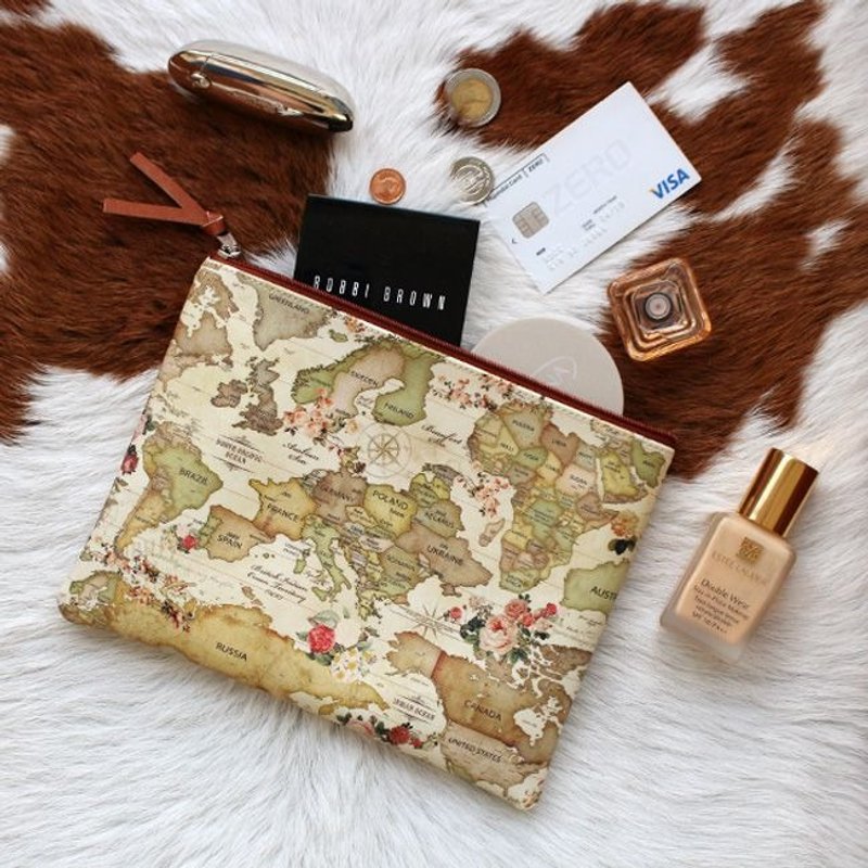 Dessin x Indigo-indimap 世界地图万用包(B)-复古棕,IDG06204 - 化妆包/杂物包 - 真皮 咖啡色