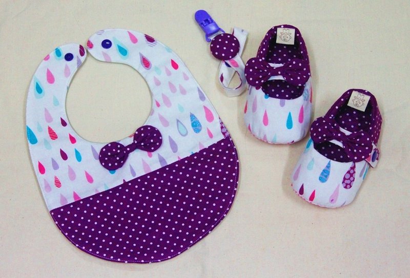 彩色雨滴~ 鞋+兜+奶嘴链 弥月礼.满月礼 - 满月礼盒 - 棉．麻 