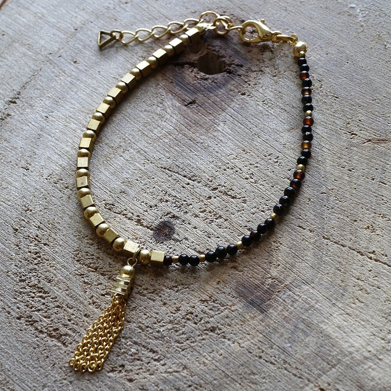 Muse自然风系列NO.114黑色黑玛瑙黄铜对称细手链 - 手链/手环 - 其他材质 黑色