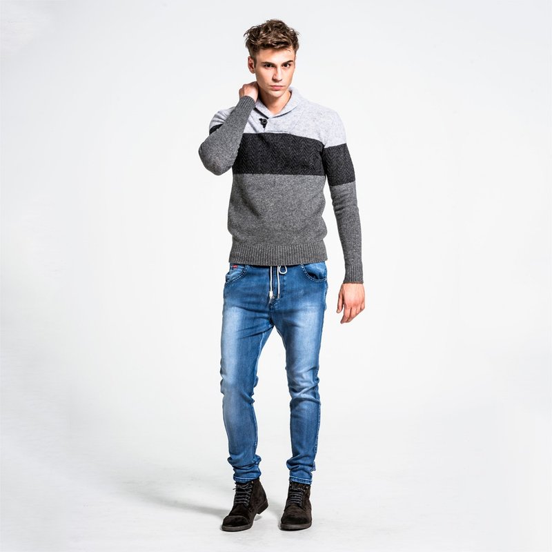 男款SKINNY斜纹针织绑带长裤-浅蓝 NOVI - 男士长裤 - 其他材质 蓝色