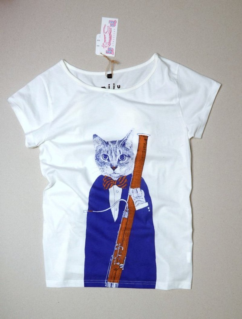 猫咪巴松管T-shirt（宝蓝+橘） - 女装 T 恤 - 棉．麻 蓝色