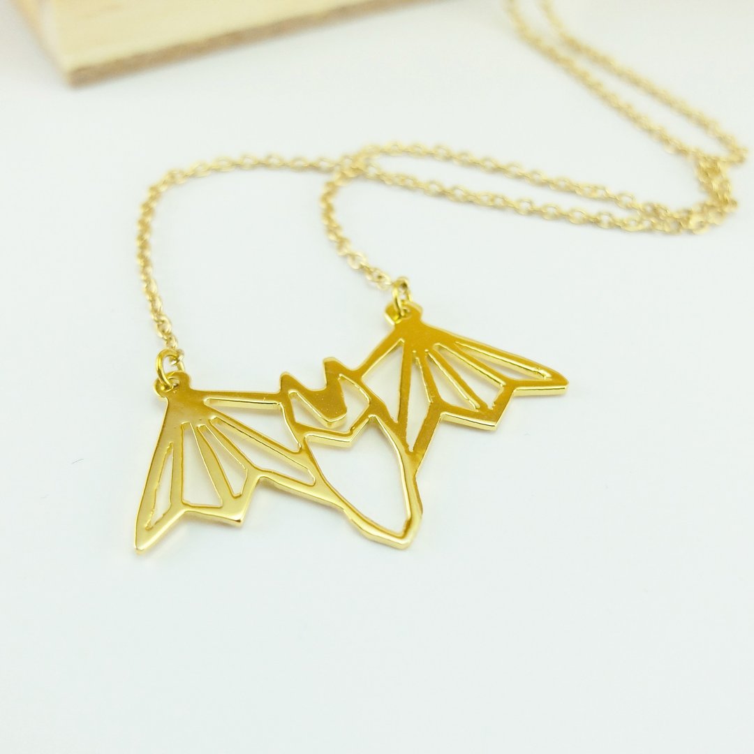 Origami Bat Necklace, Animal necklace, Gift for her, Gold Plated Brass - 项链 - 铜/黄铜 金色