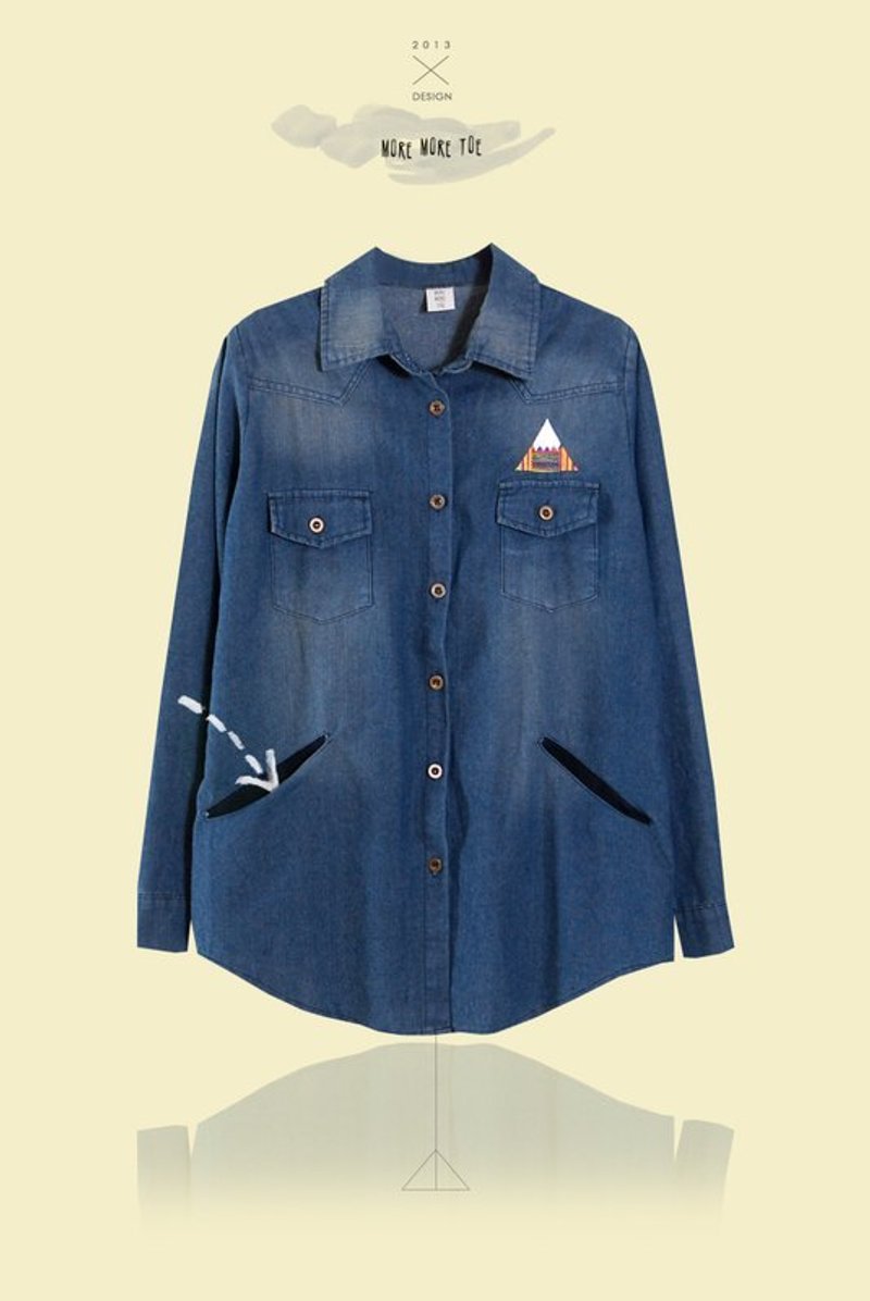 │M0028│限量手作．彩色图腾耍帅／刷色口袋牛仔衬衫（只有一件售完绝版） - 女装衬衫 - 其他材质 蓝色