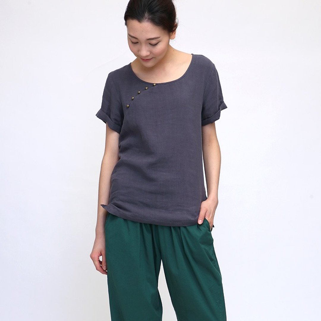 不服 传统改良中式亚麻套头衫  灰  SH140504 - 旗袍 - 纸 灰色