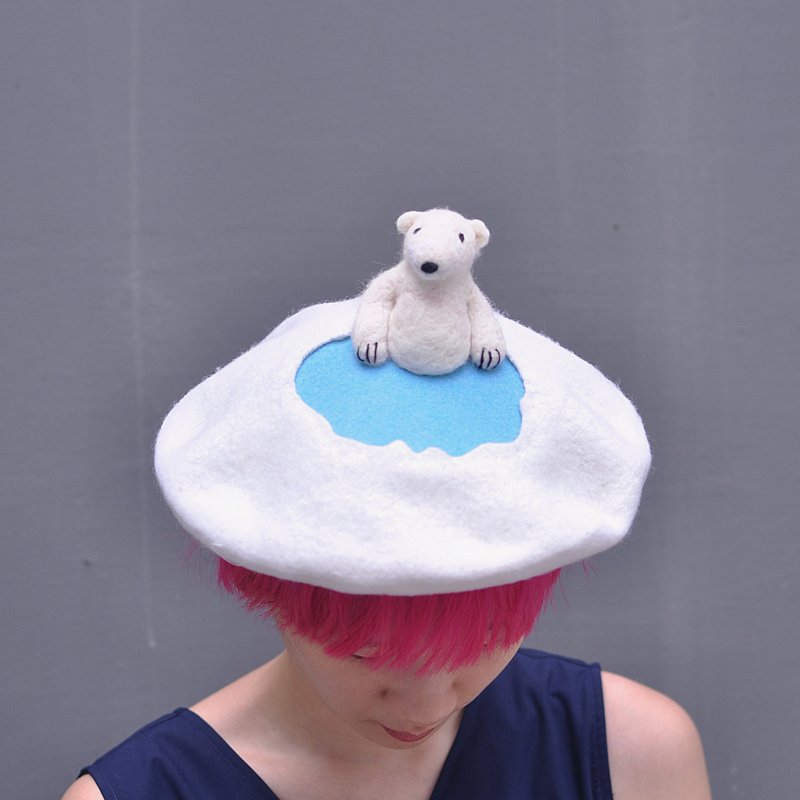 zoozone系列 “极地泡澡的白熊君” 北极熊 手工针毡羊毛贝雷帽 - 帽子 - 纸 白色