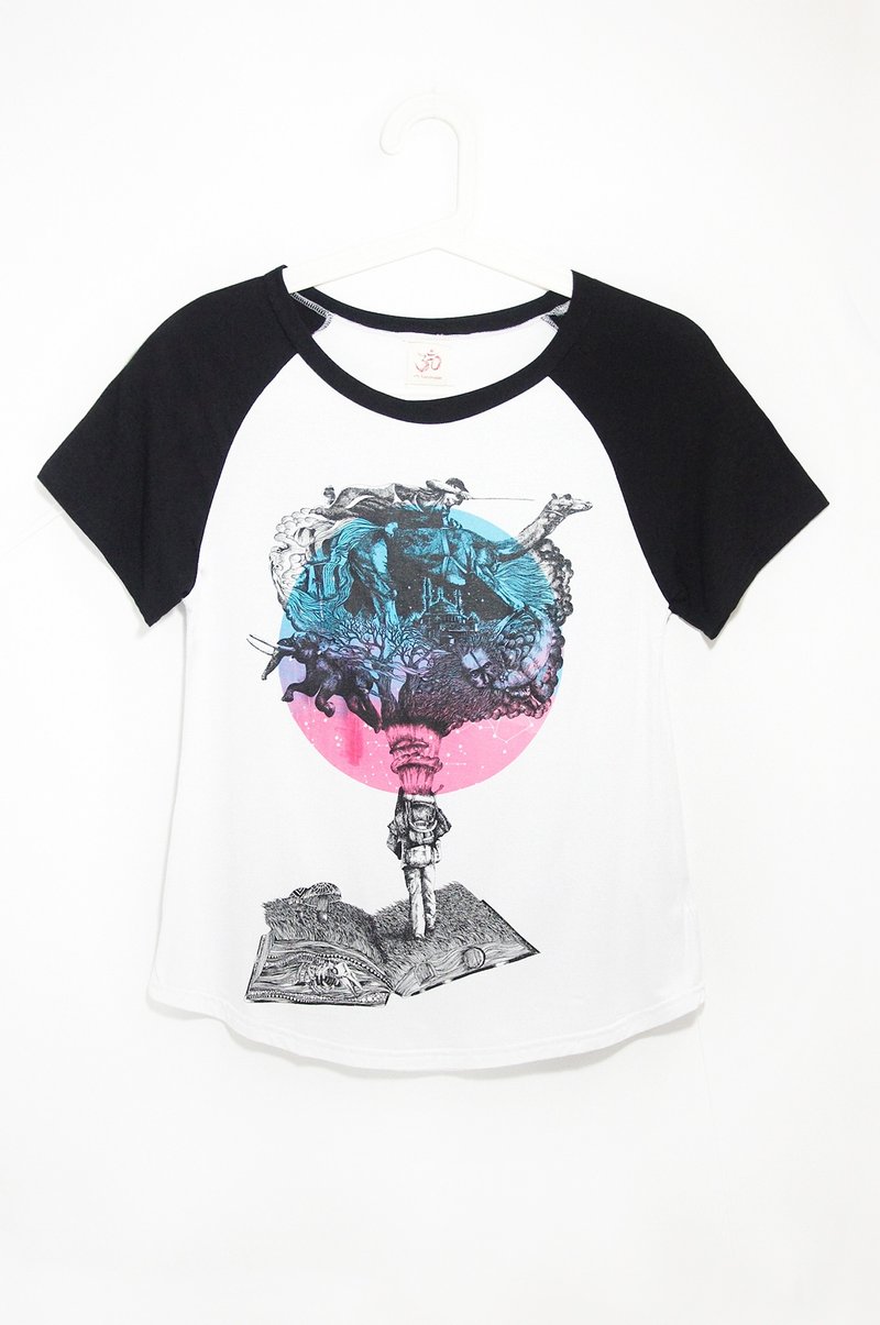 木代尔短袖棒球装女装上衣 / 旅行T-shirt - 寂寞星球 ( 黑白 ) - 女装 T 恤 - 棉．麻 白色