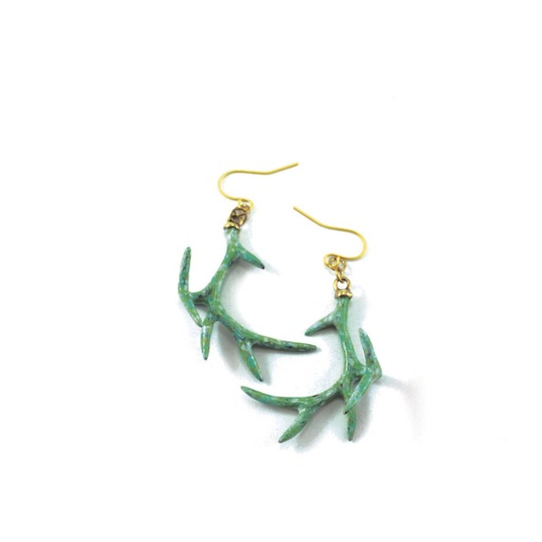 Stag horn earring in brass with hand painting patina color,Rocker jewelry ,Skull jewelry,Biker jewelry - 耳环/耳夹 - 其他金属 