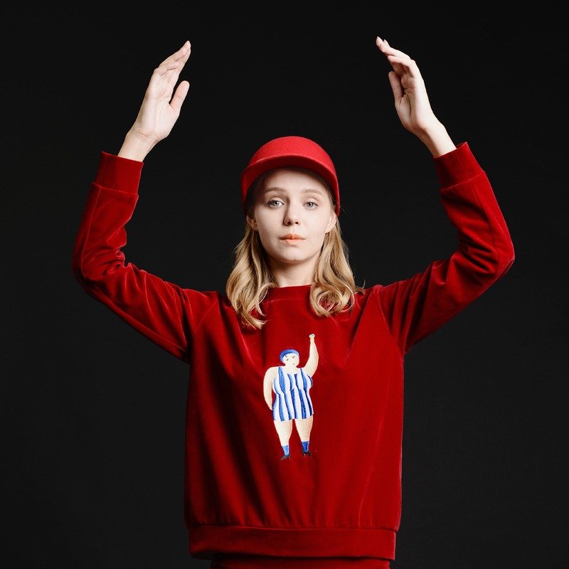 MSKOOK 胖子红色天鹅绒刺绣卫衣 - 女装上衣 - 其他材质 