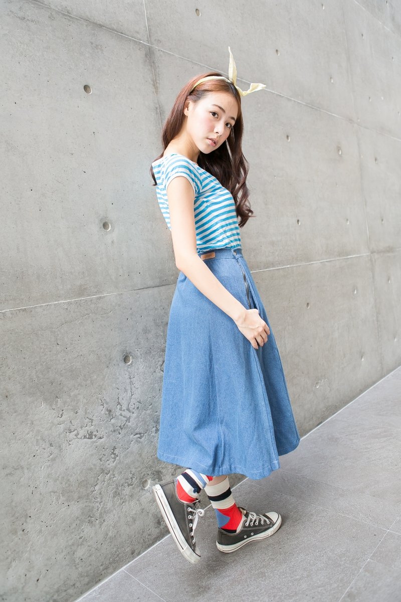 SUMI◆波浪膝下牛仔裙◆4SF307_深单宁蓝 - 裙子 - 棉．麻 蓝色