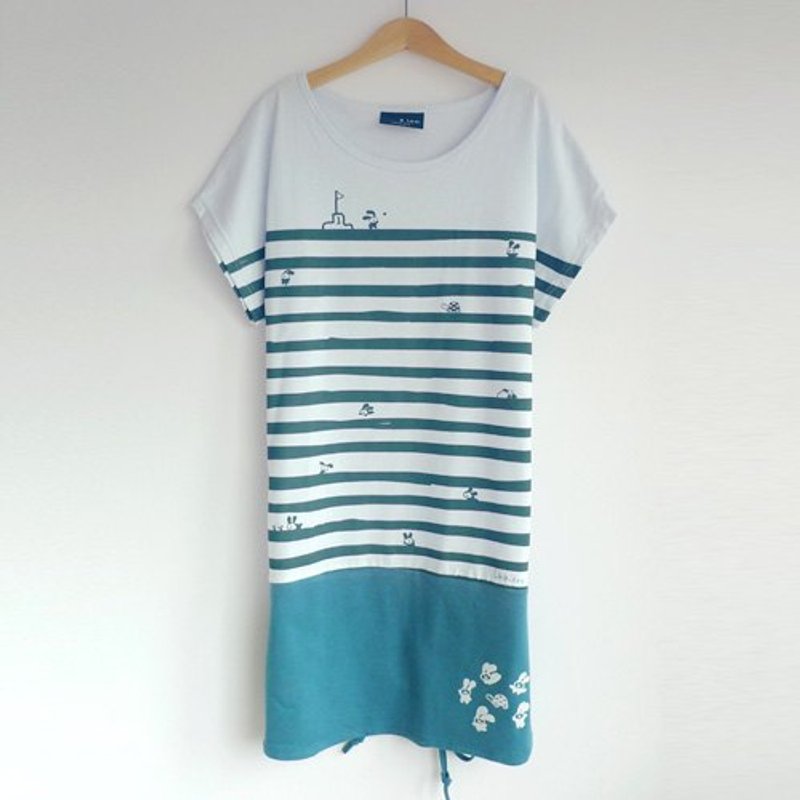 ：Urb.【龟兔赛跑】女/蓝跑道/双层穿法绑绳款 - 洋装/连衣裙 - 棉．麻 蓝色