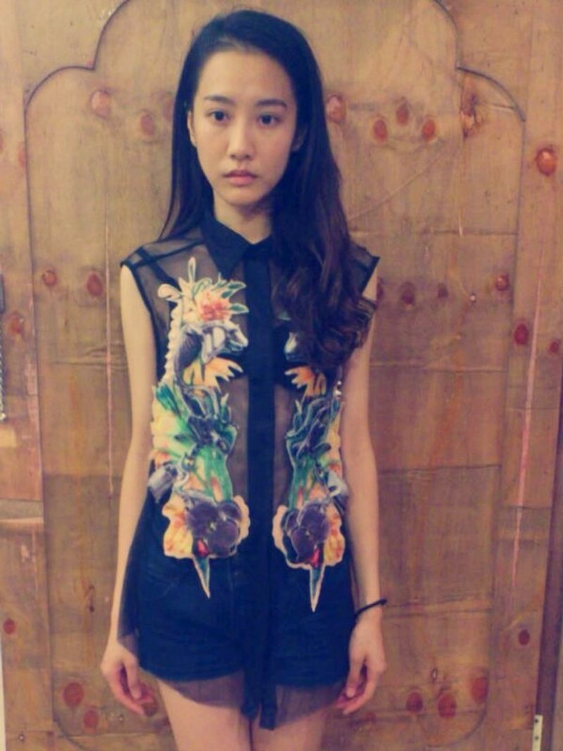 恐龙的堆叠纱质衬衫 - 女装背心 - 其他材质 黑色