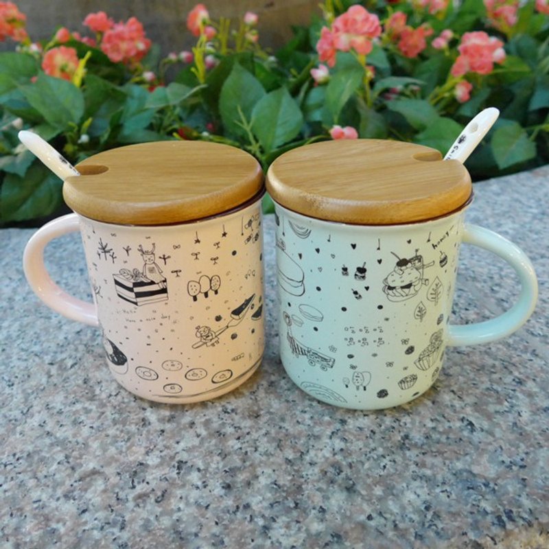 对杯组·Smile (红+蓝)陶瓷马克杯 附竹盖及陶瓷汤匙 - 咖啡杯/马克杯 - 瓷 粉红色