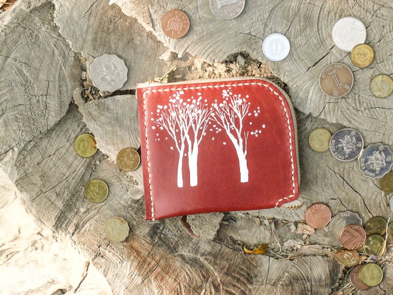 不撞包雪白森林酒红色植鞣革全真皮L型零钱包 - 零钱包 - 真皮 红色