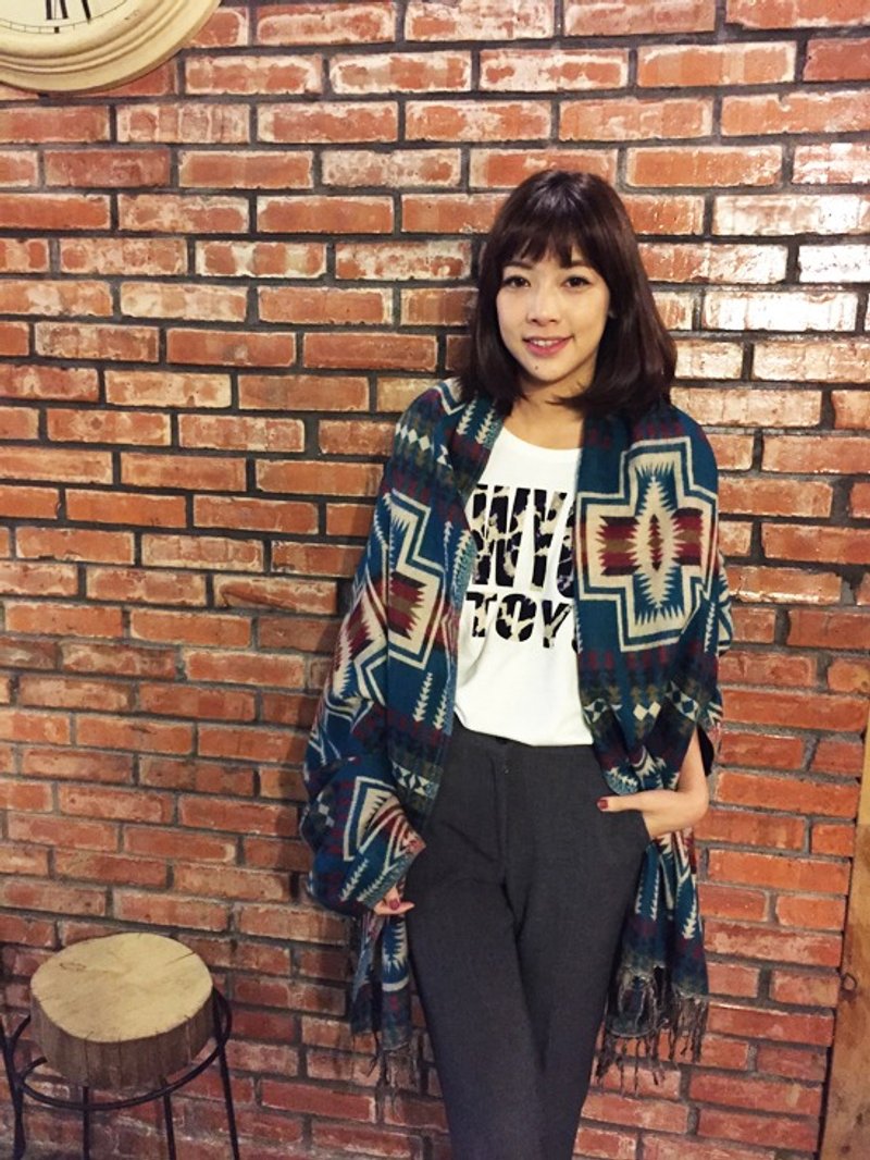 民族风 手编 披肩 围巾 十字几合图腾  蓝 蓝绿 - 围巾/披肩 - 其他材质 蓝色