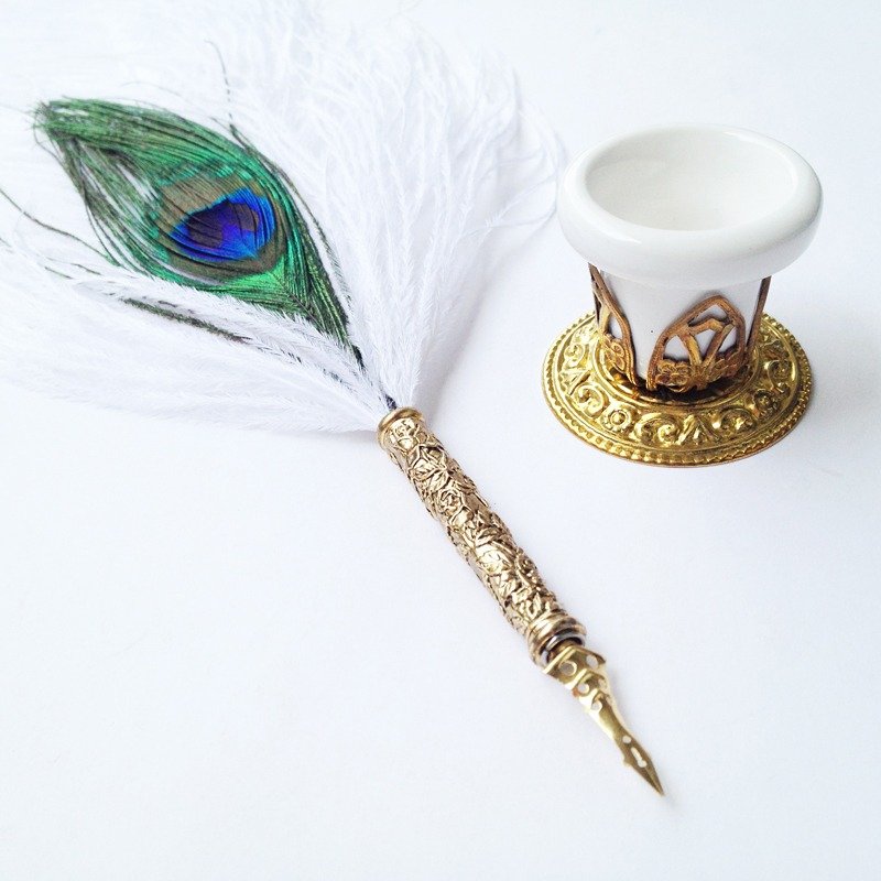 7536 意大利Ostrich+Peacock双色羽毛沾水笔套装礼组 - 蘸水笔 - 其他材质 白色