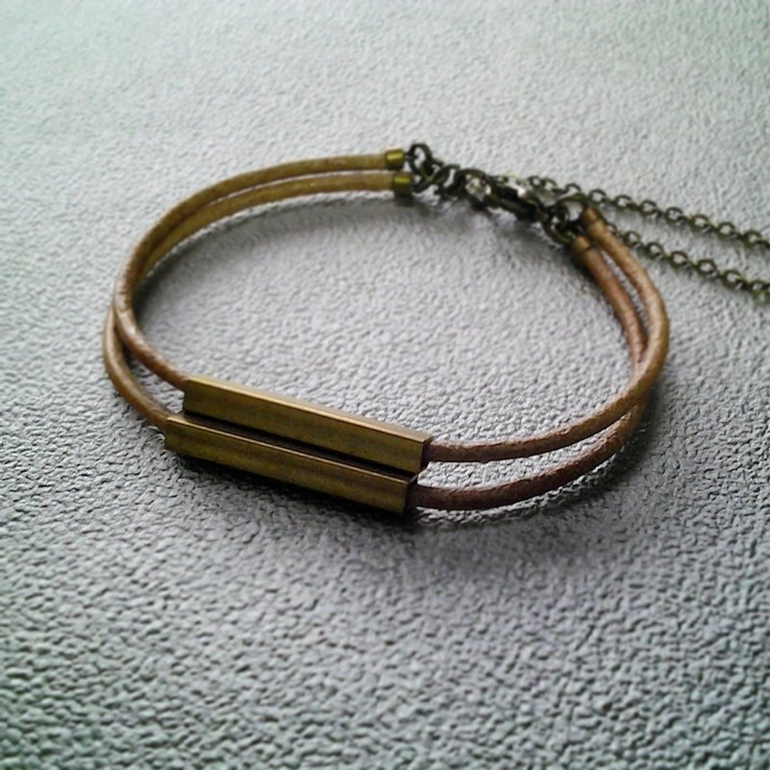 EarringFanatic黄铜手链几何长条双圈真皮金属中性手链 - 手链/手环 - 其他金属 咖啡色
