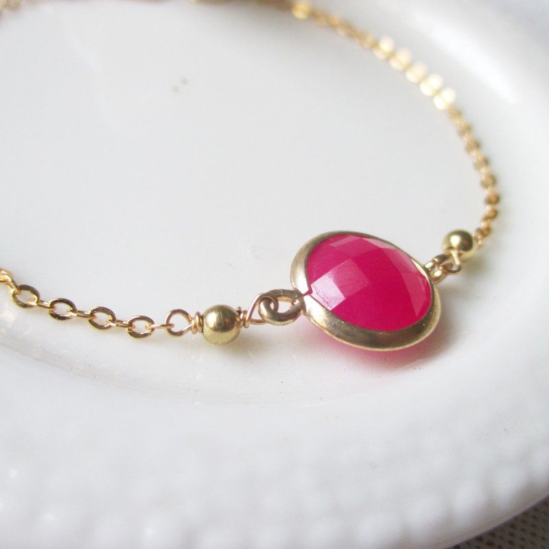 【夏日时光小宝石．玫瑰桃红】复刻怀旧vintage．14k金镀 黄铜细链． - 手链/手环 - 其他金属 红色