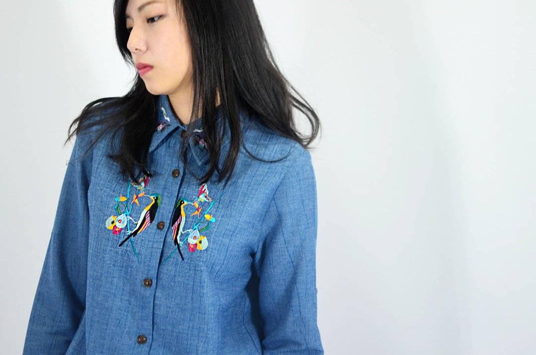 humming-绣花抽绳衬衫-Embroidered Drawstring Shirt-HWS1316-01 - 女装衬衫 - 棉 蓝色
