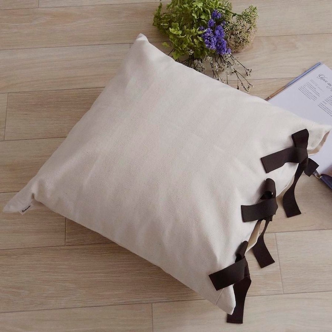 [Cover only] canvas stripes Cushion cover ribbon SQ - 枕头/抱枕 - 棉 咖啡色