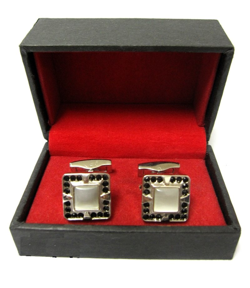 Square white enamel crystal Cufflinks-Silver plated(Free Shipping) 方形白色珐琅袖口扣(包邮) - 袖扣 - 宝石 黑色