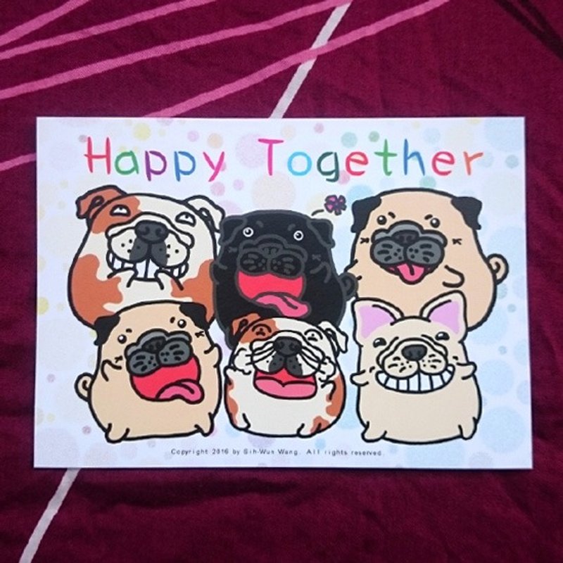 Happy Together 扁脸好朋友 狗狗明信片 - 卡片/明信片 - 纸 白色