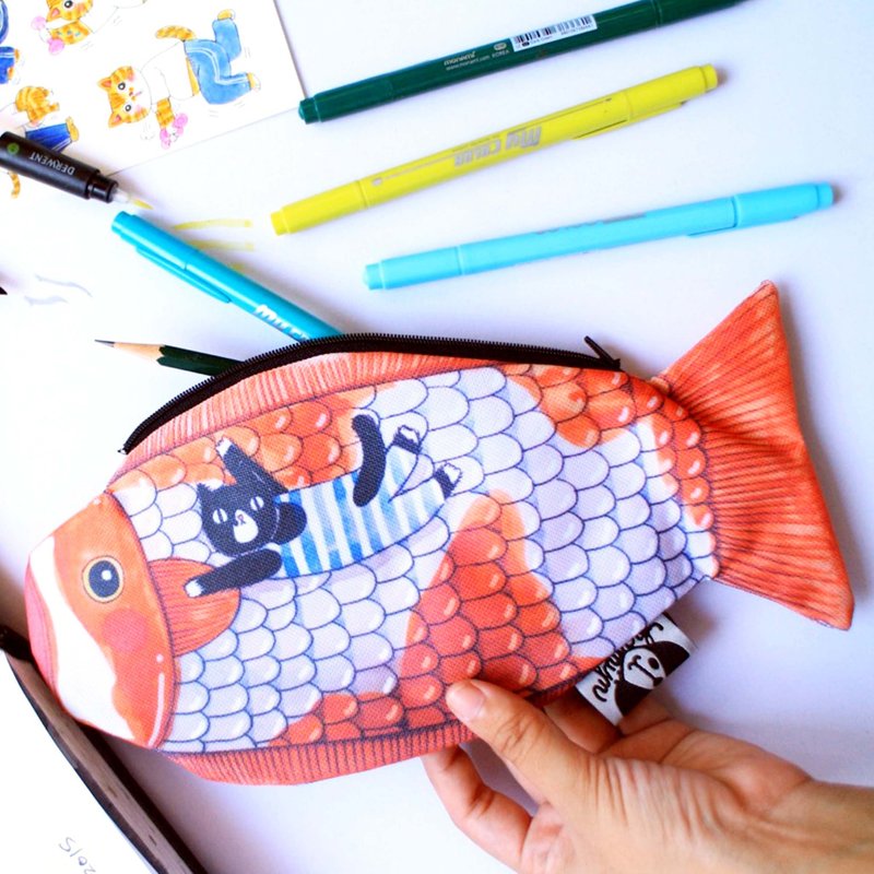 鱼上一只猫杂物包 - 化妆包/杂物包 - 其他材质 橘色