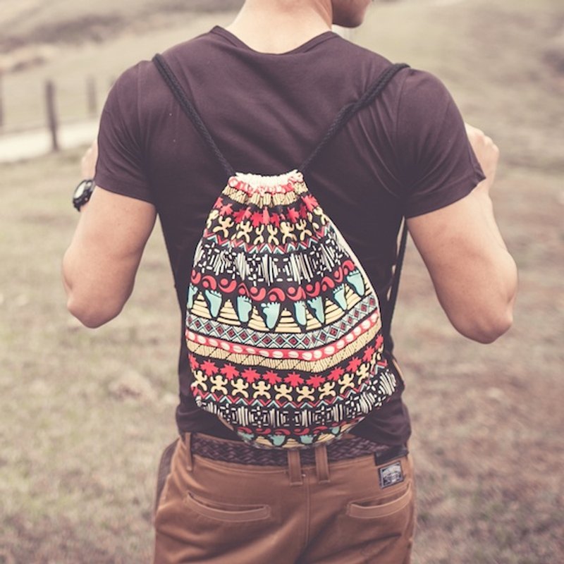 【图腾系列】哈莫的脚印 棉布束口背包 - 束口袋双肩包 - 棉．麻 咖啡色