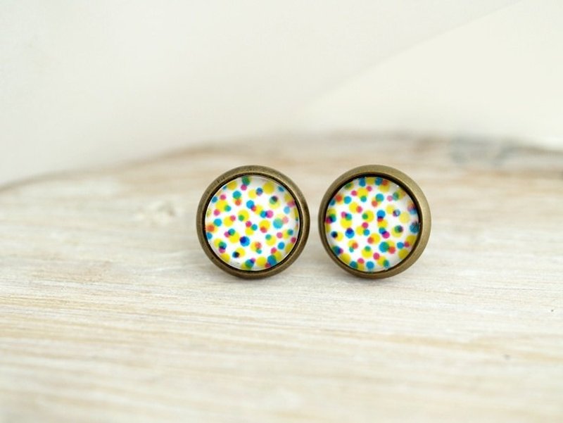 ♥订做小礼物♥ OldNew Lady-古铜色小圆形耳环-电音派对【白底彩点】 - 耳环/耳夹 - 玻璃 