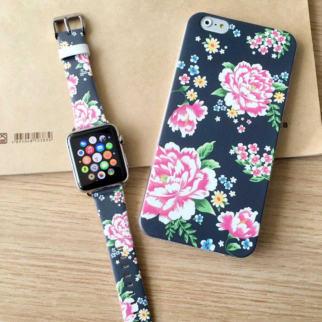 [礼物套装] Apple Watch Series 1 and Series 2 - 深蓝色中国花图案 手机壳 + Apple Watch 真皮手表带 - 其他 - 塑料 