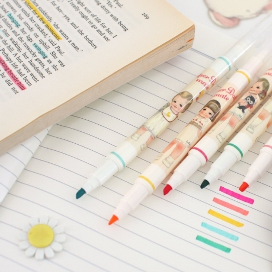 韩国Afrocat 代理商 drawing friends 2way pen 可爱 娃娃 文具 双头笔 萤光笔 - 其他书写用品 - 塑料 多色