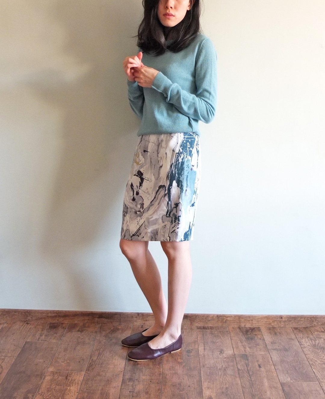 ecume skirt 蚕丝蓝绿色调抽像水墨印花一字裙 剩1-2件 - 裙子 - 丝．绢 