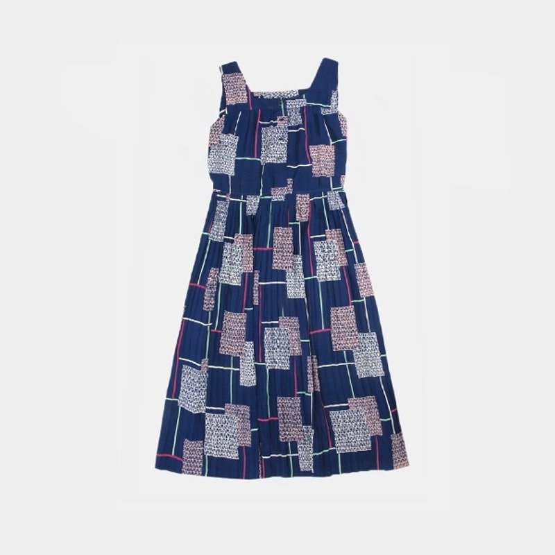 │moderato│几何方块线条符百褶古着洋装│微瑕│森林复古 - 洋装/连衣裙 - 其他材质 蓝色